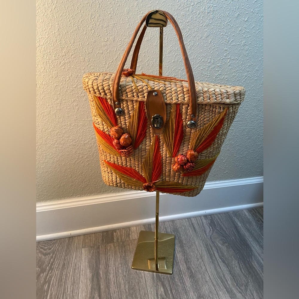 Vintage Woven Wicker Rattan Straw Satchel Handbag Tote Basket Bag Boho Med. Size - Picture 2 of 13